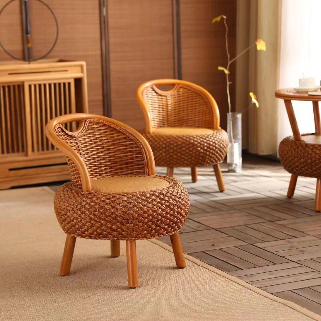 Japanese Rattan Woven Wood Round Low Stool