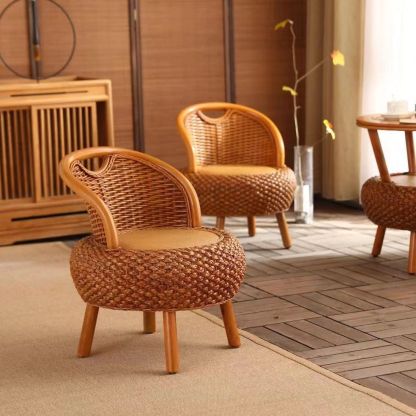 Japanese Rattan Woven Wood Round Low Stool