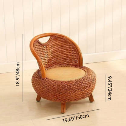 Japanese Rattan Woven Wood Round Low Stool