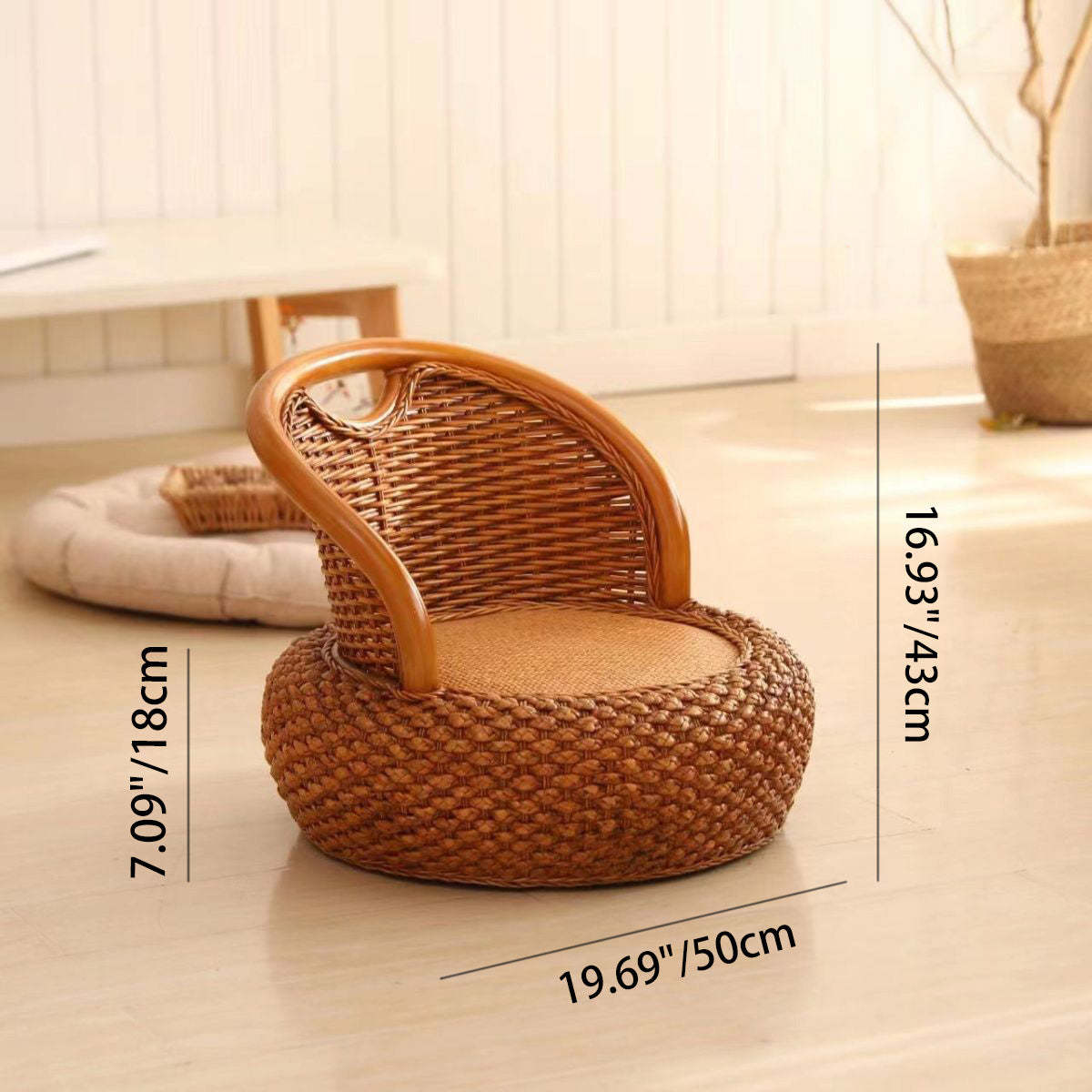 Japanese Rattan Woven Wood Round Low Stool