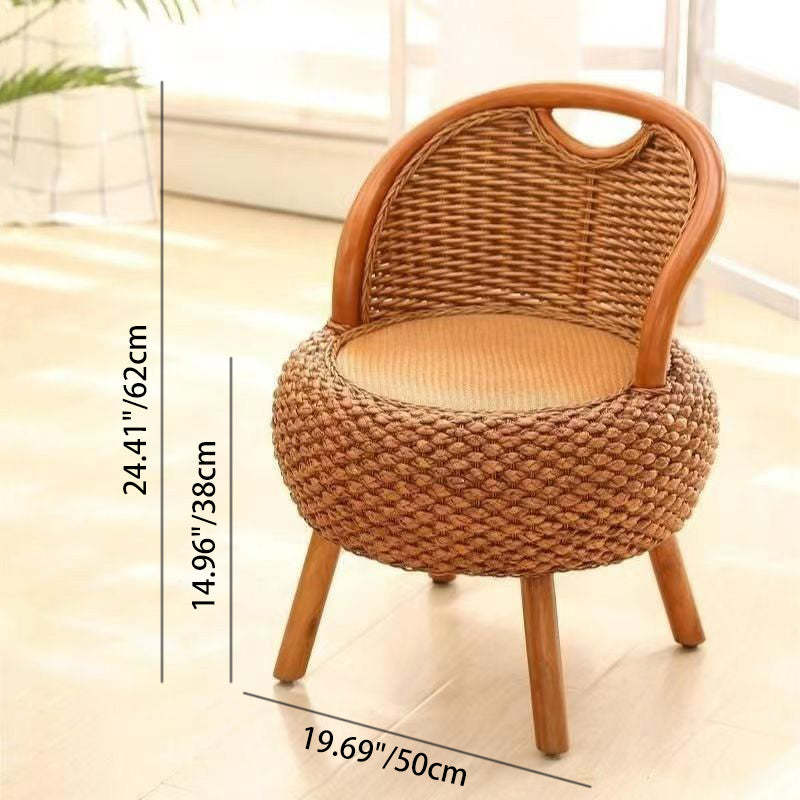 Japanese Rattan Woven Wood Round Low Stool