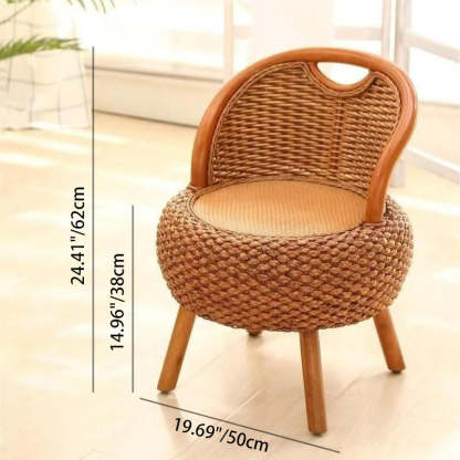 Japanese Rattan Woven Wood Round Low Stool