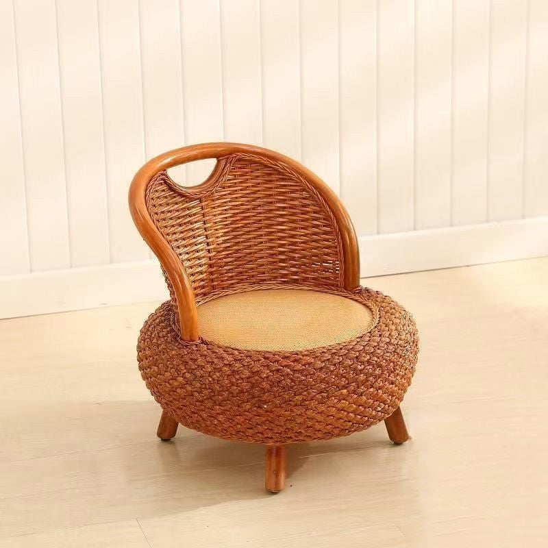 Japanese Rattan Woven Wood Round Low Stool