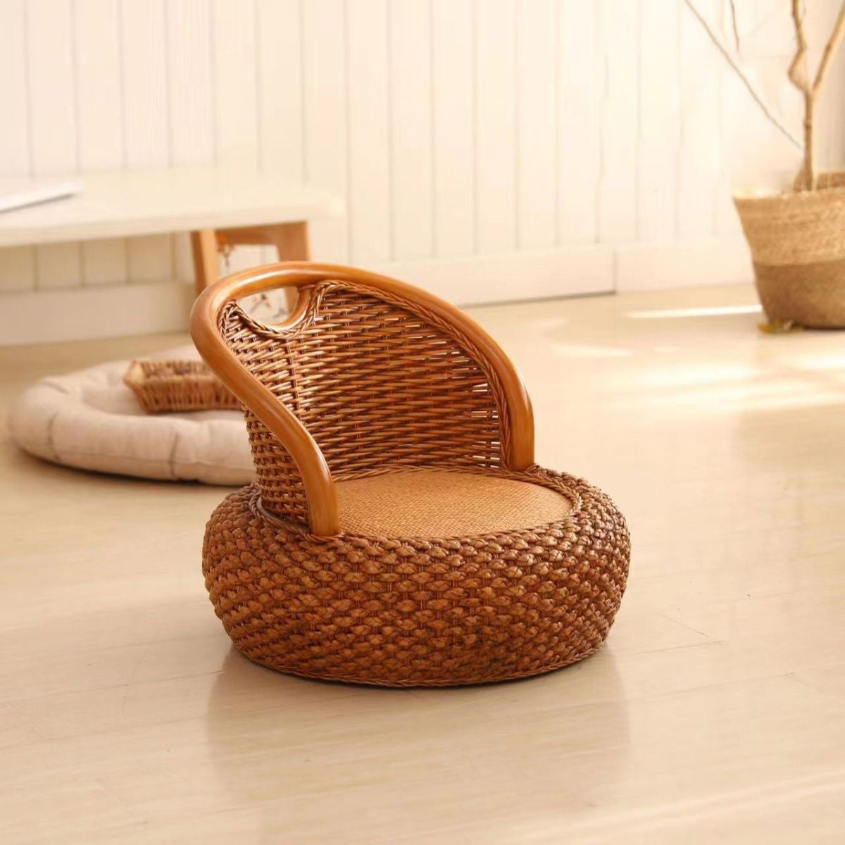 Japanese Rattan Woven Wood Round Low Stool