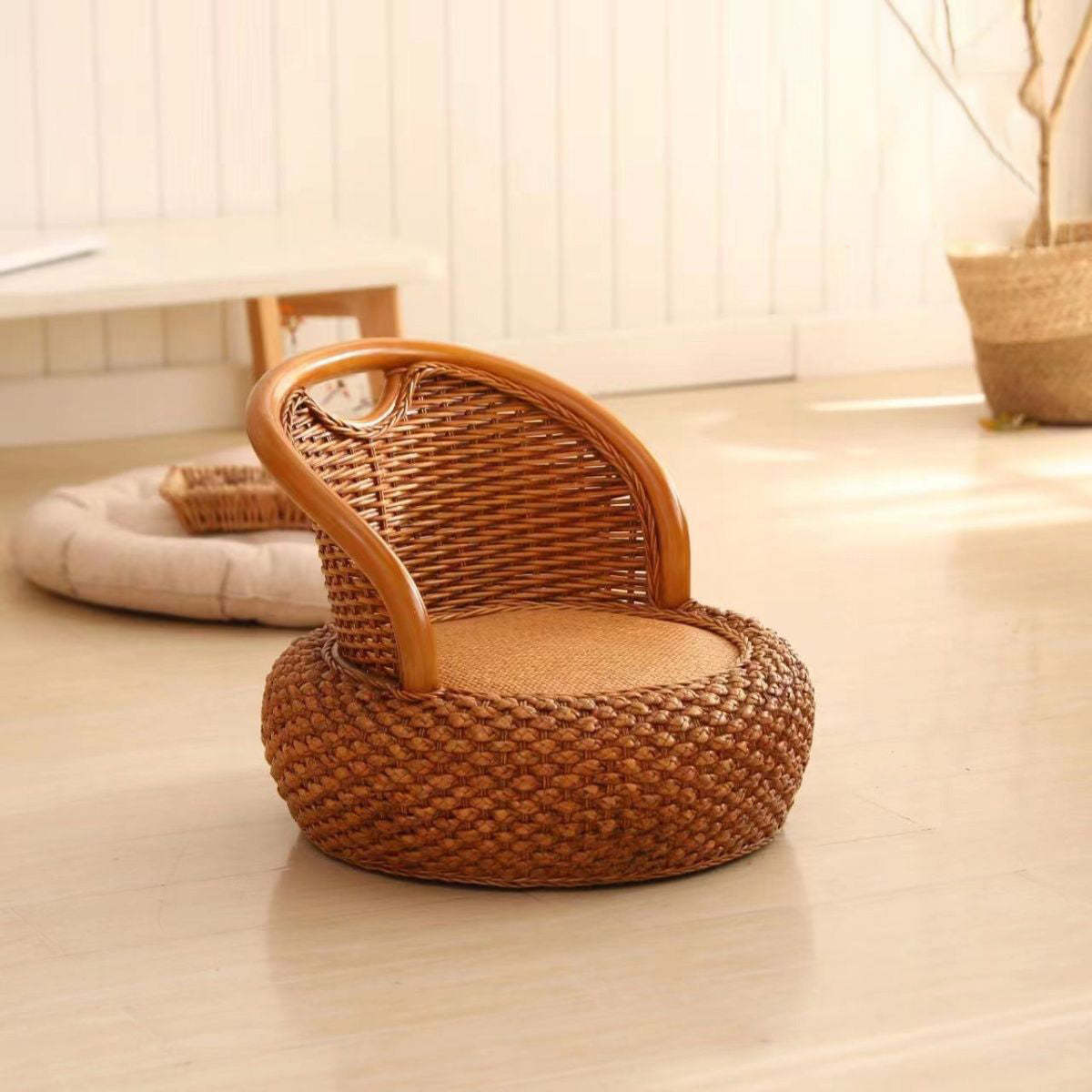 Japanese Rattan Woven Wood Round Low Stool