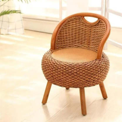 Japanese Rattan Woven Wood Round Low Stool
