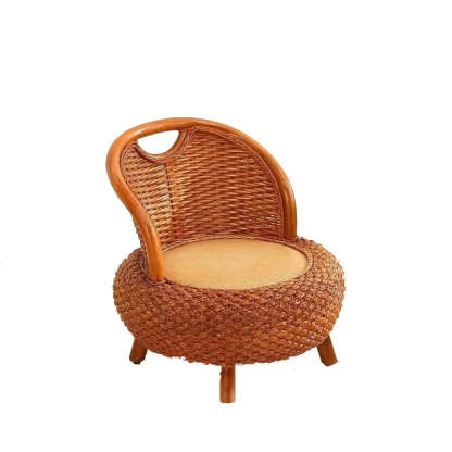 Japanese Rattan Woven Wood Round Low Stool