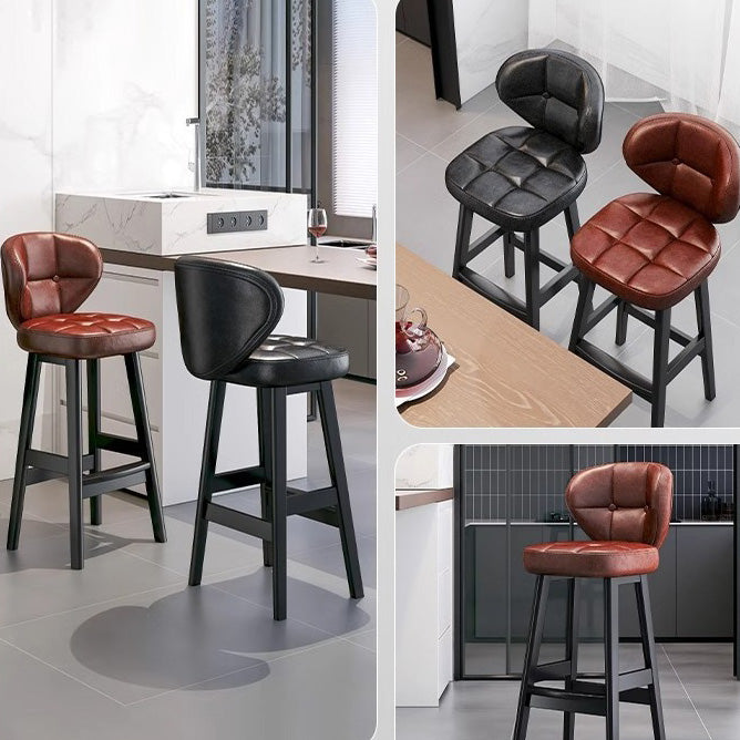 Scandinavian Leather Wood Bar Stool — Brown