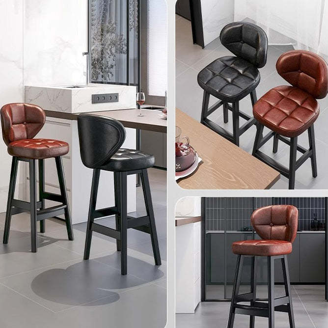 Scandinavian Leather Wood Bar Stool — Brown