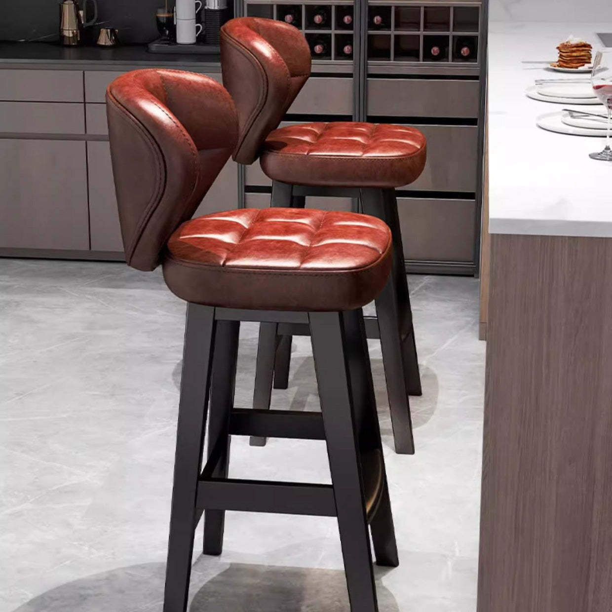 Scandinavian Leather Wood Bar Stool — Black