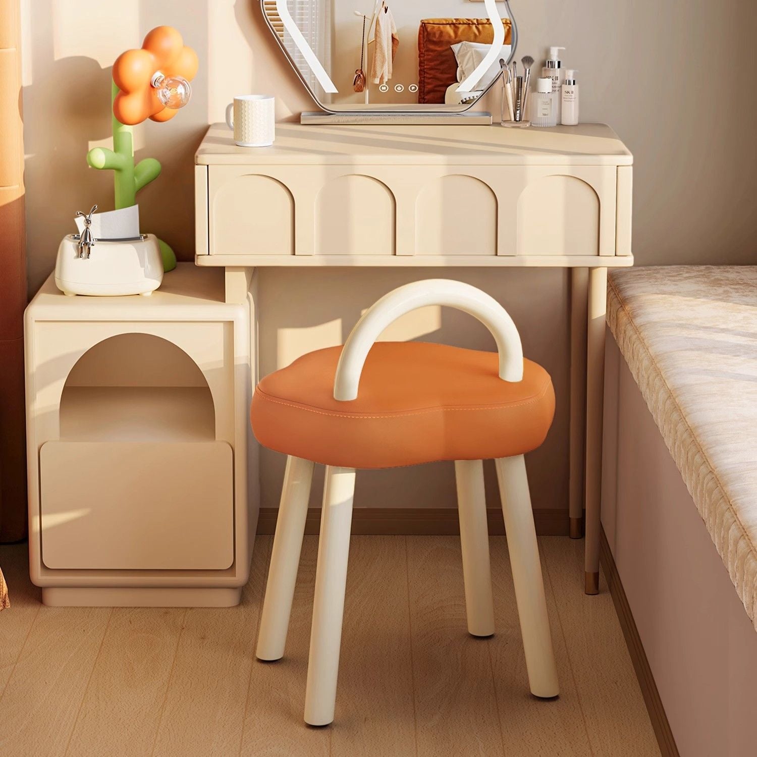 Minimalist Cream Cloud Steel Leather Vanity Stool — Orange