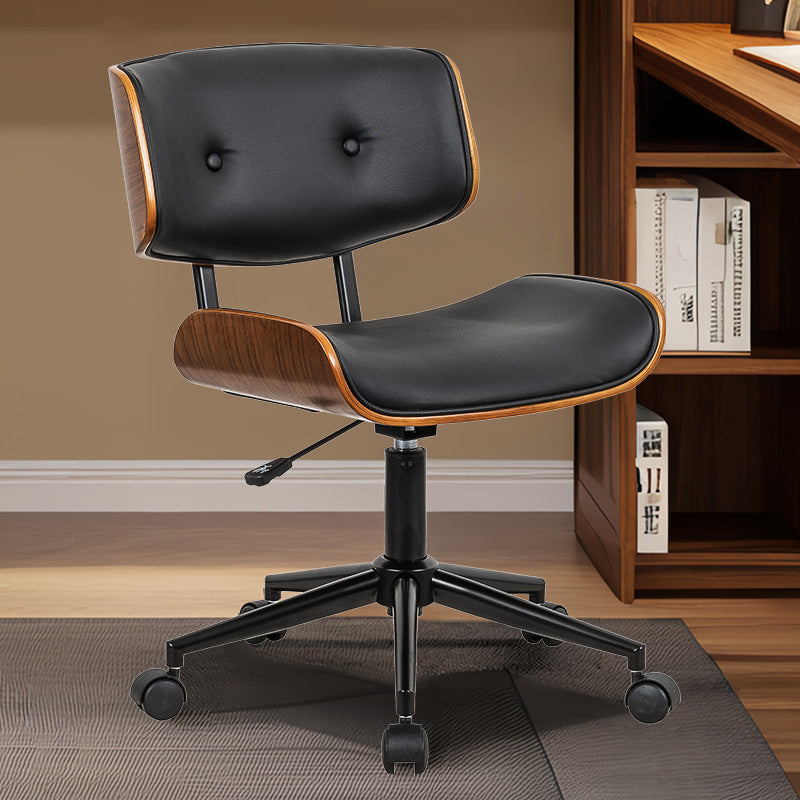 Contemporary Leather Wood Swivel Desk Chair — Black + Wood Grain