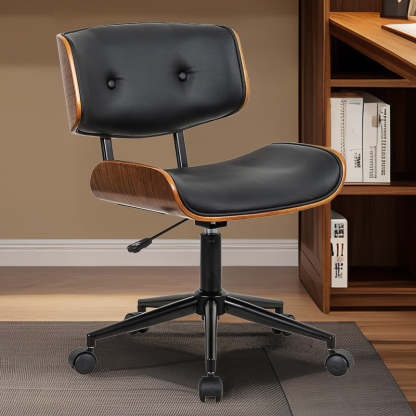 Contemporary Leather Wood Swivel Desk Chair — Black + Wood Grain