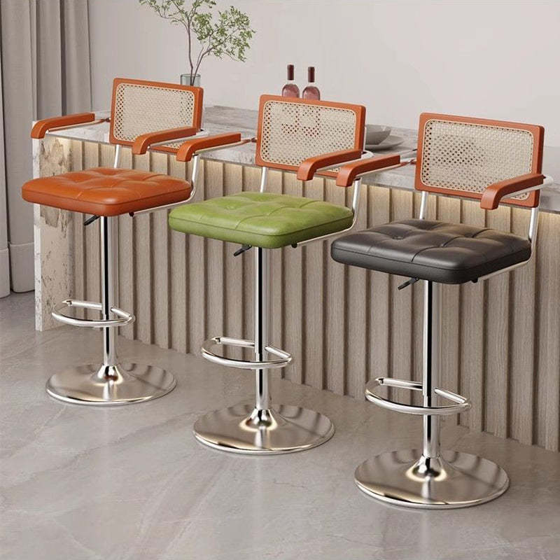 Nordic Leather Rattan Steel Bar Stool — Black / Black