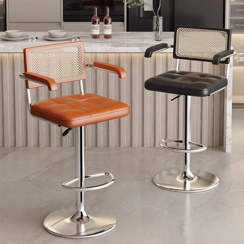 Nordic Leather Rattan Steel Bar Stool — Black / Brown
