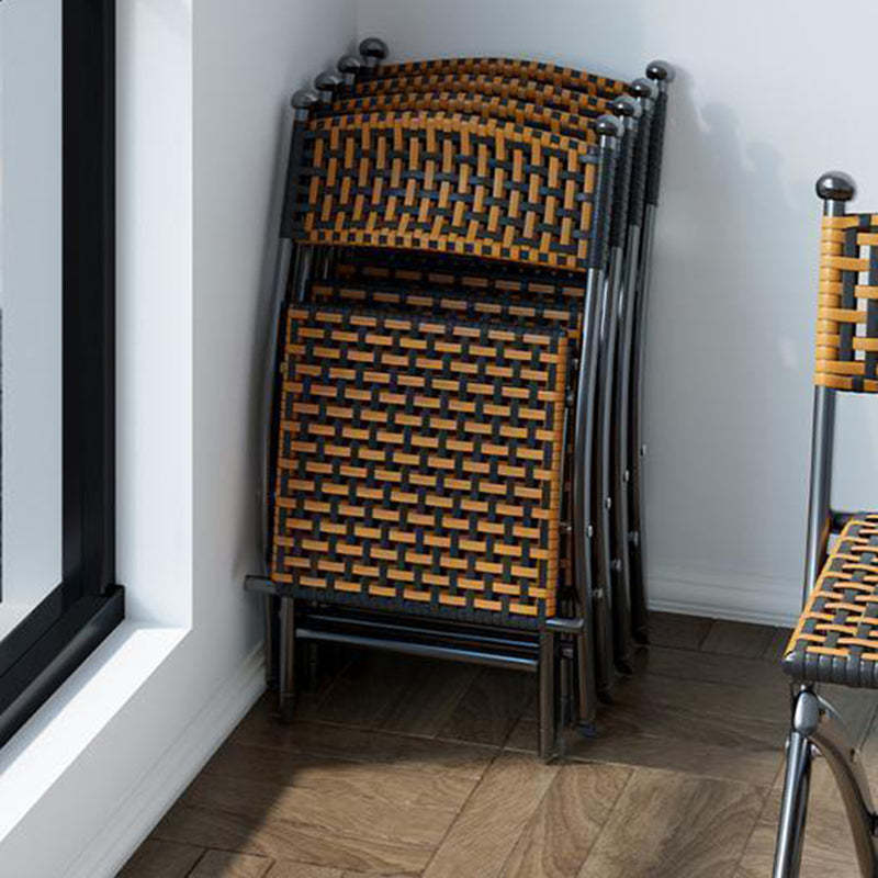 Contemporary Rattan Carbon Steel Foldable Backless Chair — Walnut Color