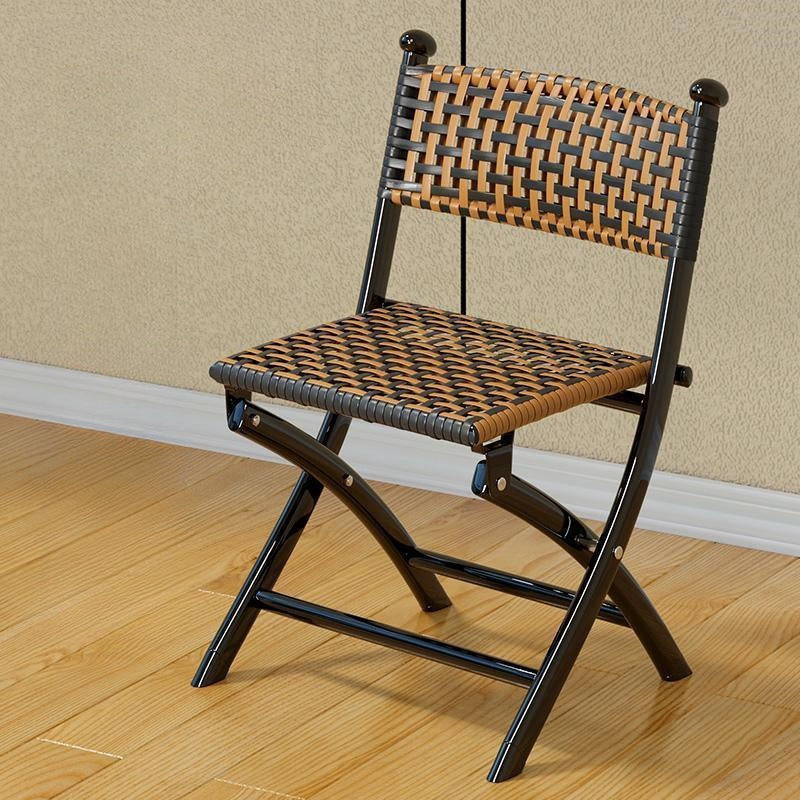Contemporary Rattan Carbon Steel Foldable Backless Chair — Retro Wood Color