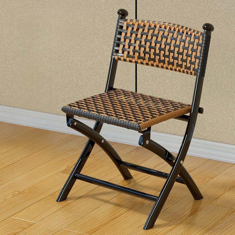 Contemporary Rattan Carbon Steel Foldable Backless Chair — Retro Wood Color