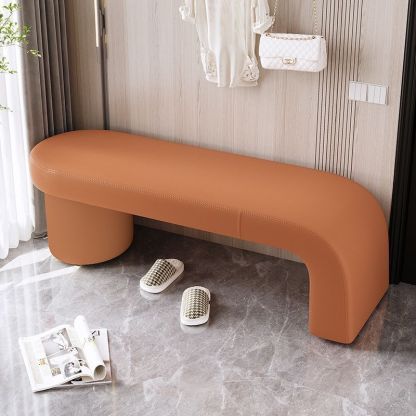 Nordic Cylinder Leather Wood Backless Bench — Orange + White