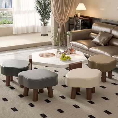 Nordic Cloud Solid Wood Leather Backless Low Stool