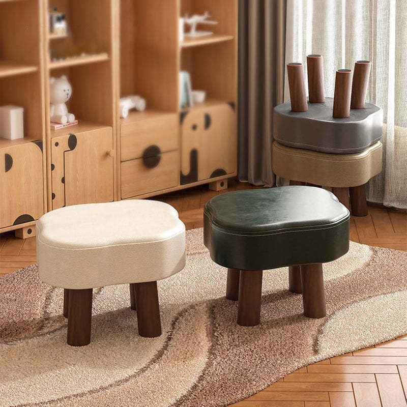 Nordic Cloud Solid Wood Leather Backless Low Stool — White