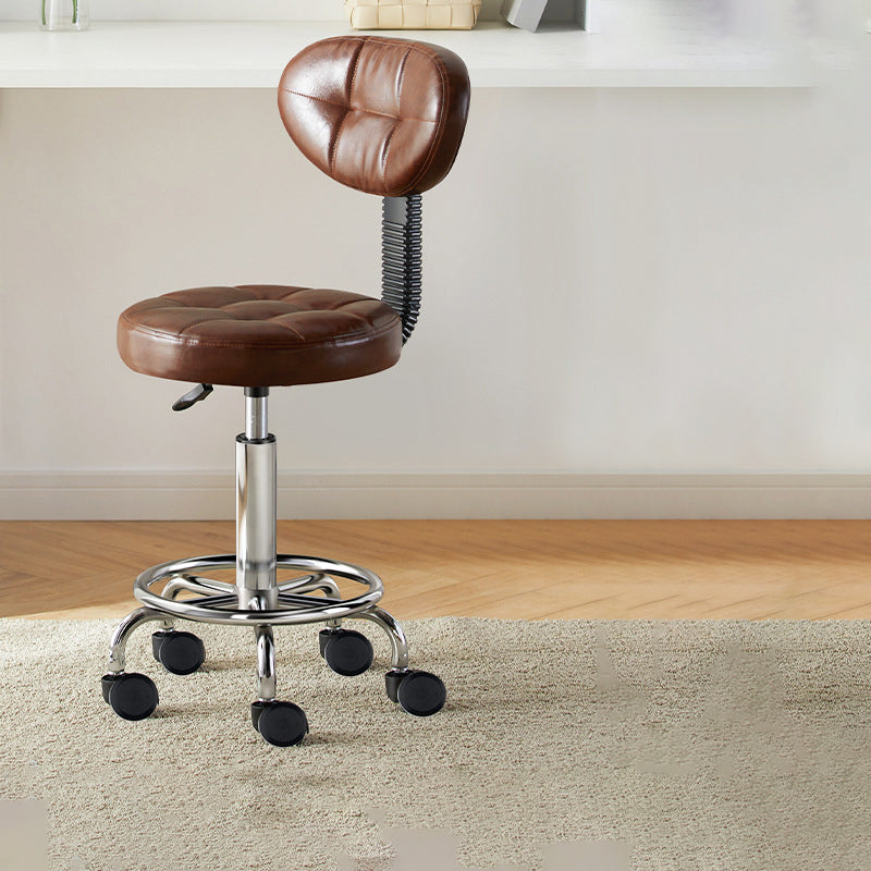 Nordic Round Wax Leather Carbon Steel Swivel Desk Chair — Brown - Wax Leather