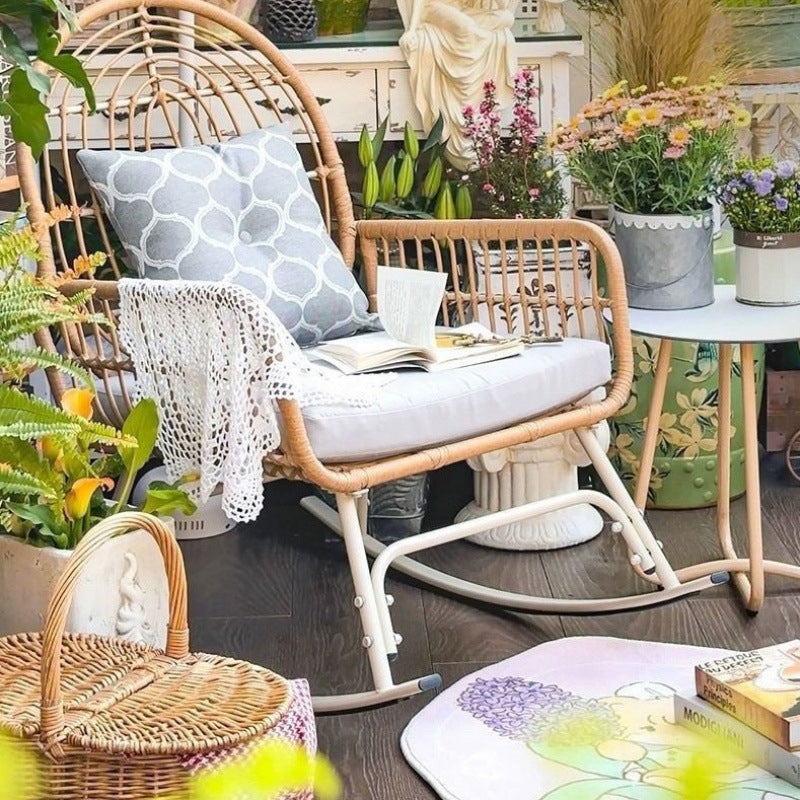 Contemporary Boho Fabric Steel Rattan Rocking Chair