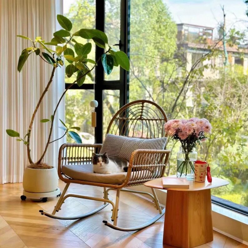 Contemporary Boho Fabric Steel Rattan Rocking Chair — Without Pillow
