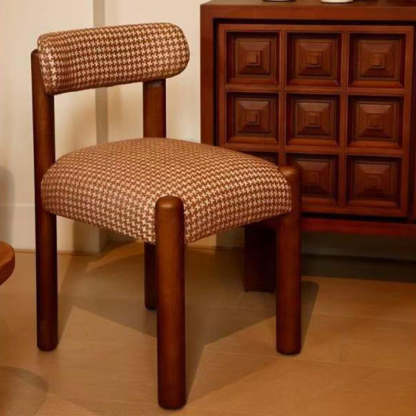 French Plaid Upholstered Iron Dining Chair — Walnut Color