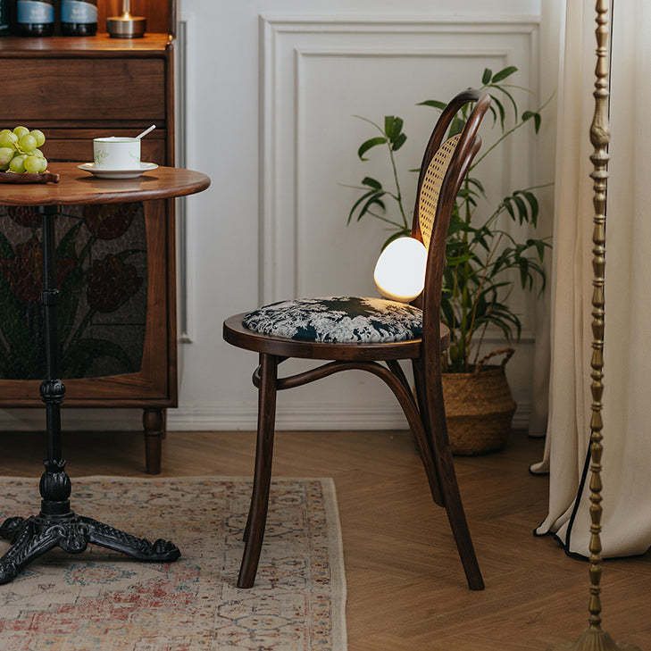French Fabric Wood Rattan Dining Chair