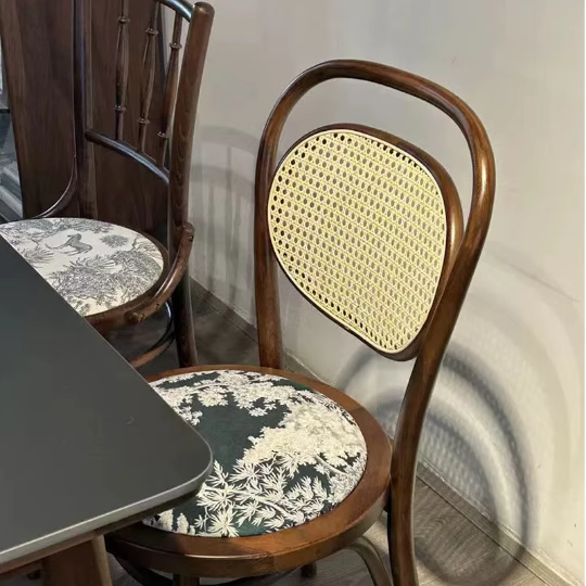 French Fabric Wood Rattan Dining Chair