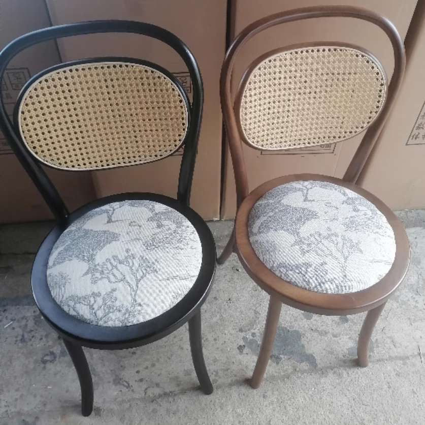 French Fabric Wood Rattan Dining Chair