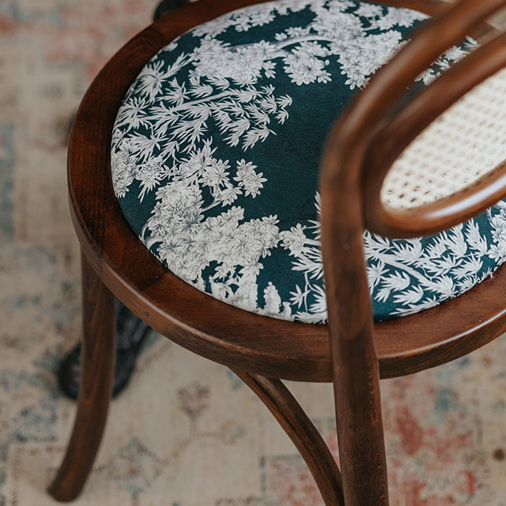 French Fabric Wood Rattan Dining Chair