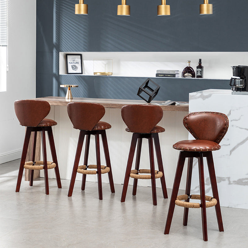 Scandinavian Arc Leather Wood Bar Stool — Brown