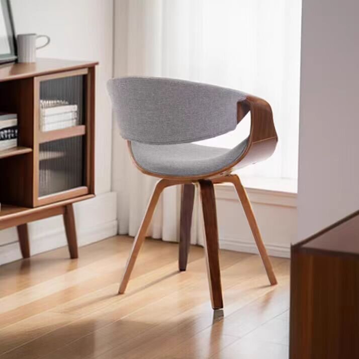 Nordic Curved Bent Wood Leather Dining Chair — Gray - Cotton Linen