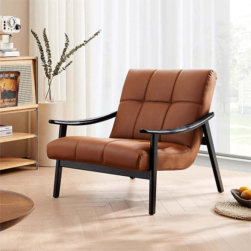 Retro Lattice Leather Wood Accent Chair — Brown