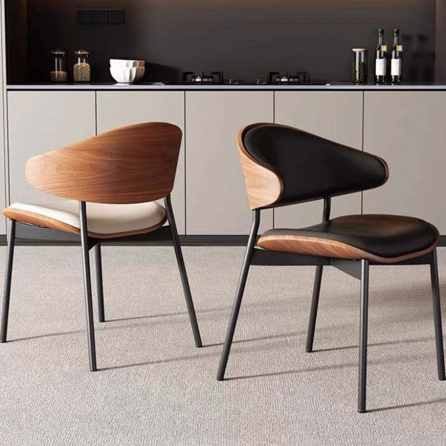 Minimalist Curved Leather Faux Dining Chair — Black