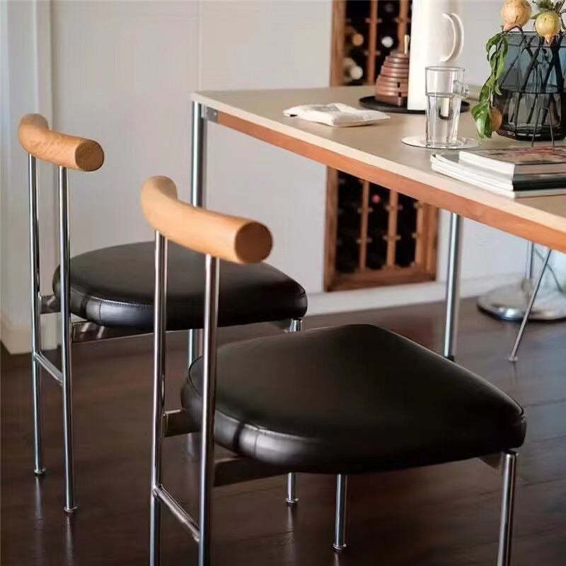Vintage Leather Solid Wood Half-Round Curved Dining Chair — Black