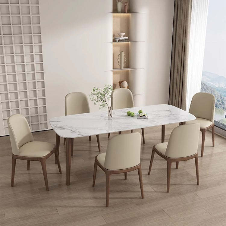 Nordic Leather Wood Curved Dining Chair — Beige Seat + Black Frame