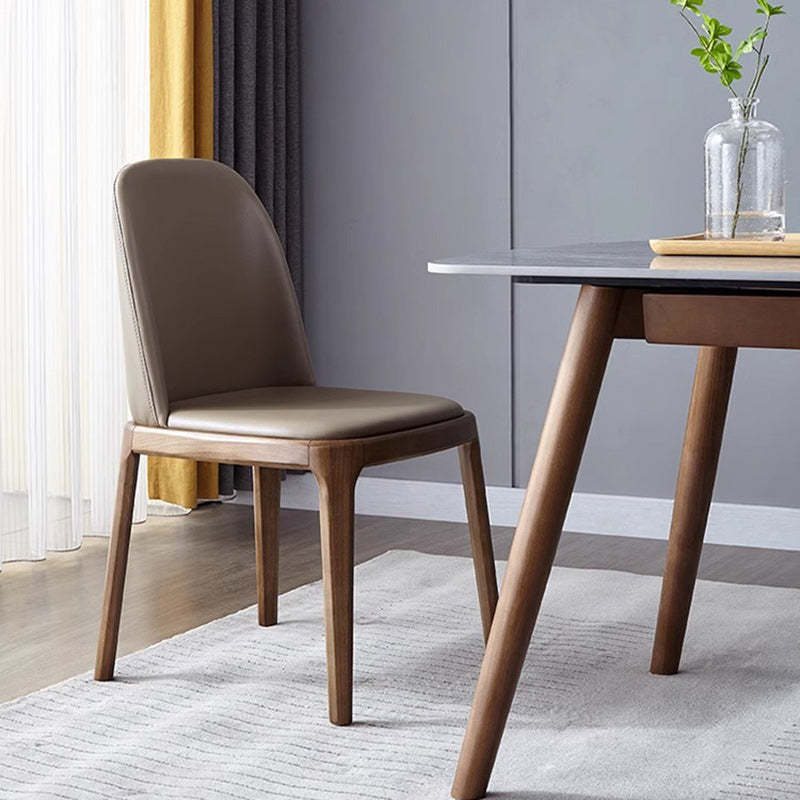 Nordic Leather Wood Curved Dining Chair — Dark Gray + Black Frame