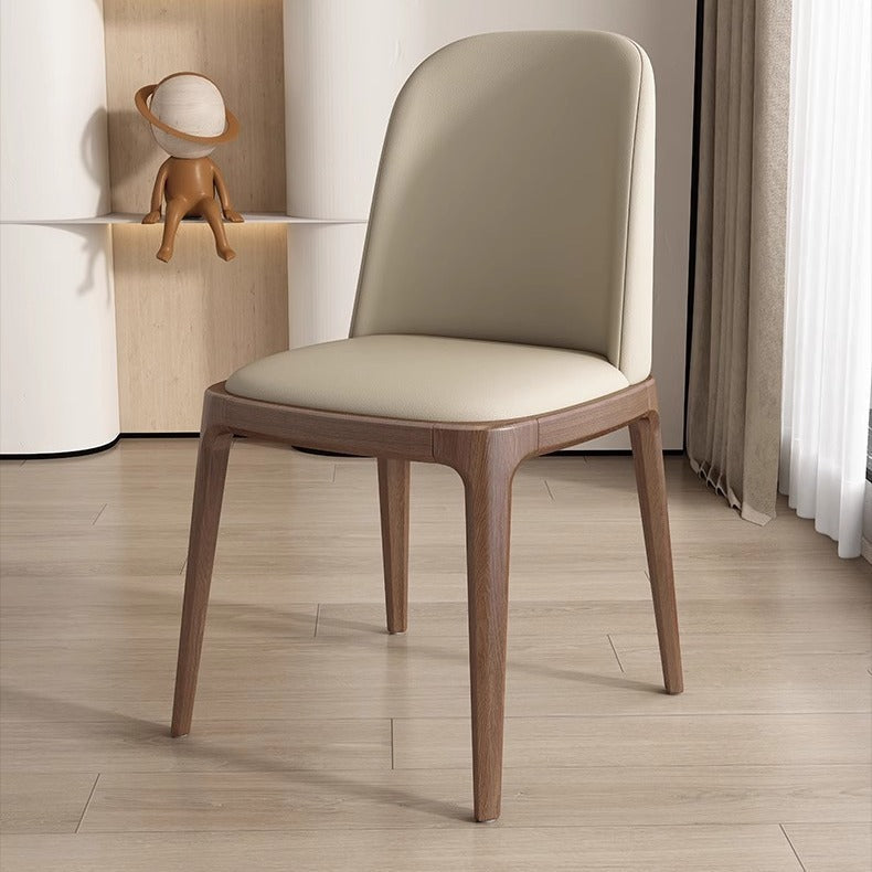 Nordic Leather Wood Curved Dining Chair — Black Seat + Black Frame