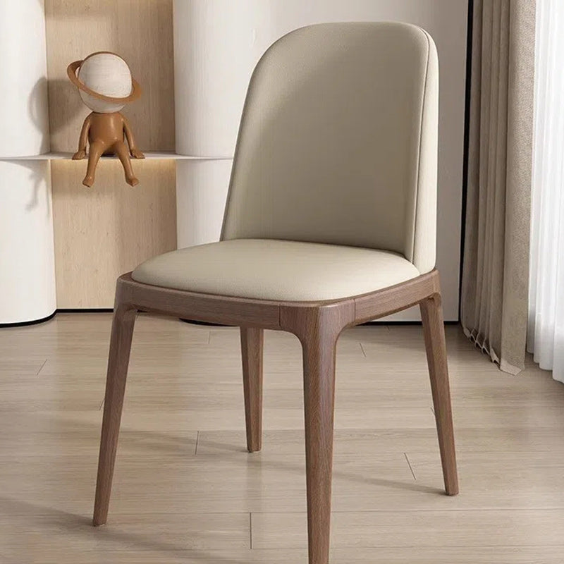Nordic Leather Wood Curved Dining Chair — Khaki Seat + Walnut Frame