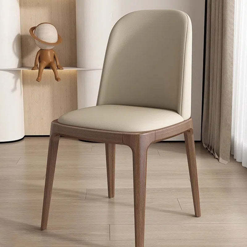 Nordic Leather Wood Curved Dining Chair — Khaki Seat + Walnut Frame