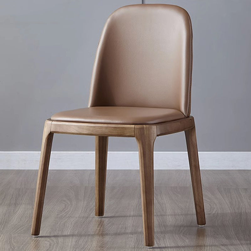 Nordic Leather Wood Curved Dining Chair — Brown Seat + Walnut Frame