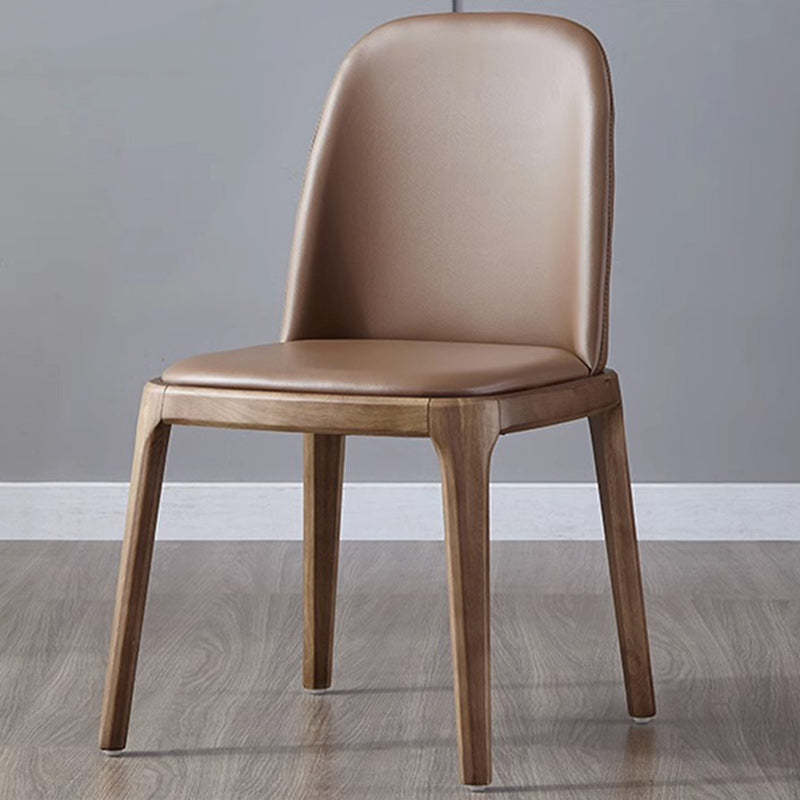Nordic Leather Wood Curved Dining Chair — Brown Seat + Walnut Frame