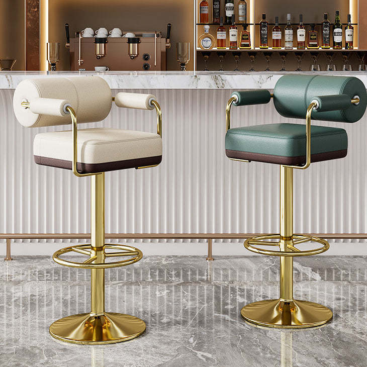 Minimalist Leather Metal Cylinder Backrest Bar Stool — Green