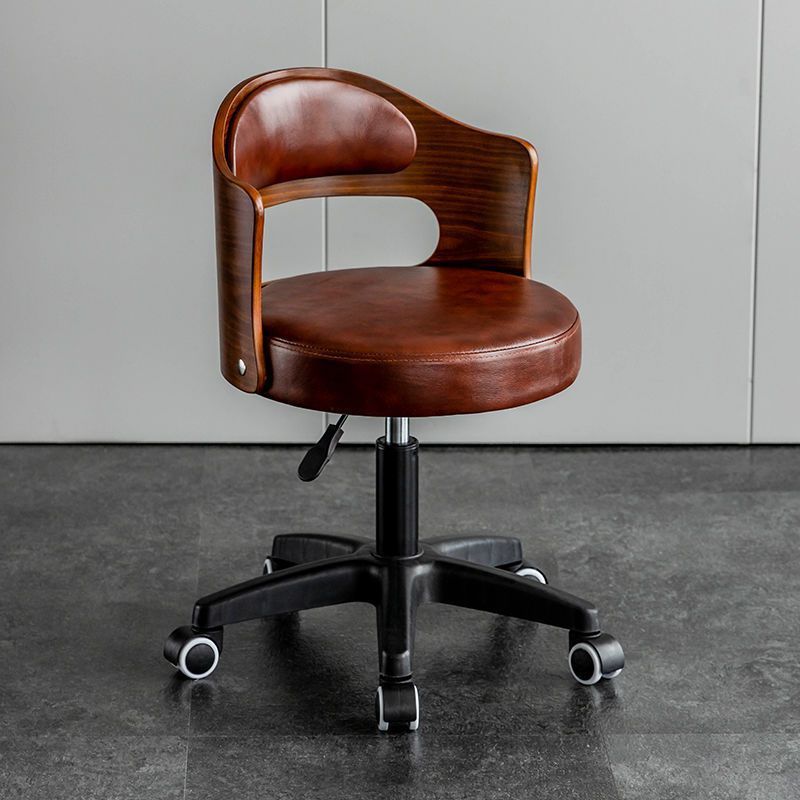 Minimalist Round Upholstered Leather Bar Stool — Brown Frame + Brown Seat