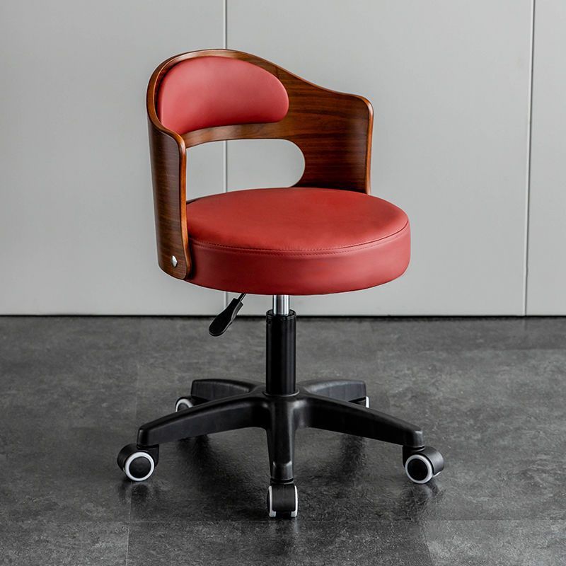 Minimalist Round Upholstered Leather Bar Stool — Brown Frame + Red Seat