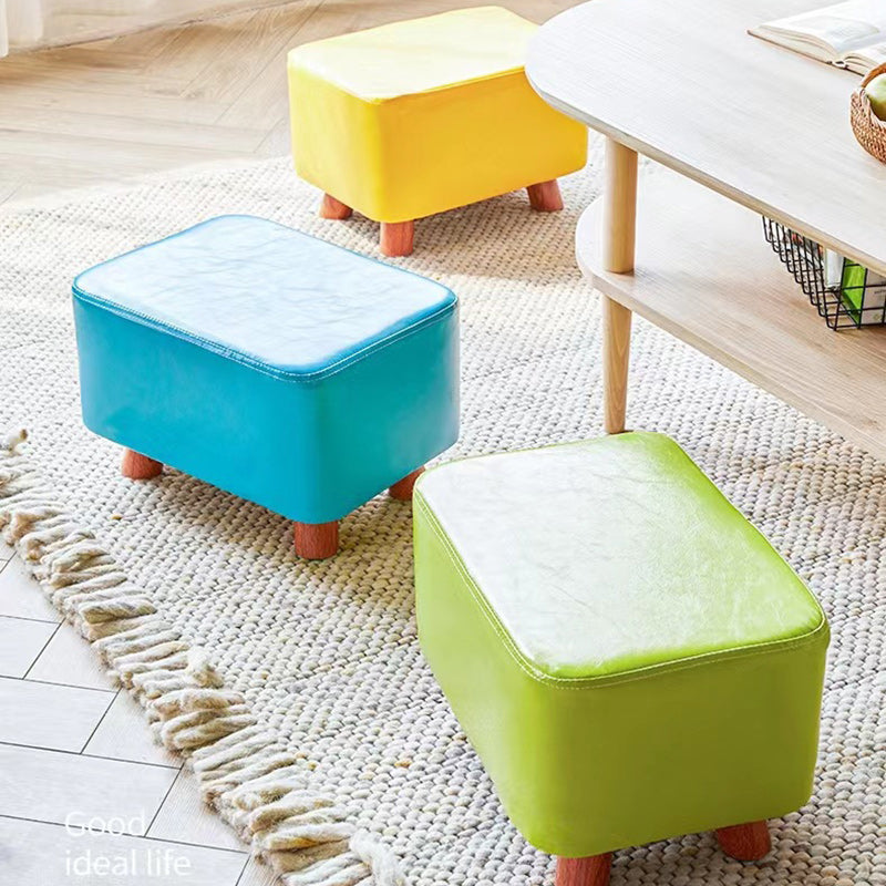 Contemporary Leather Wood Footstool — Green