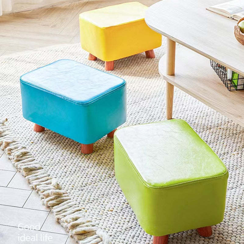 Contemporary Leather Wood Footstool — Green
